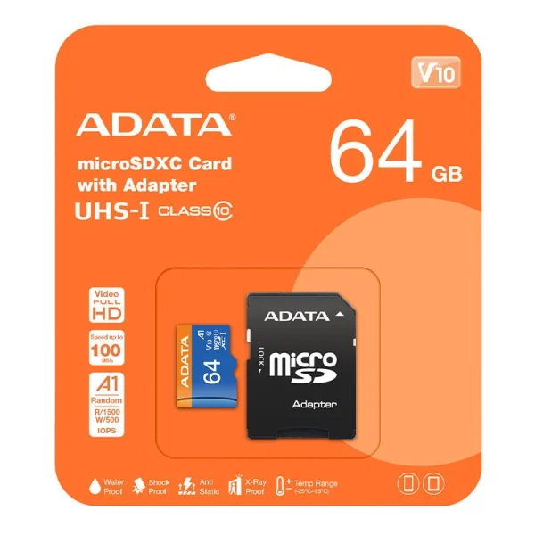 کارت حافظه 64 گیگ ای دیتا مدل Premier کلاس 10 با سرعت 100MBps
